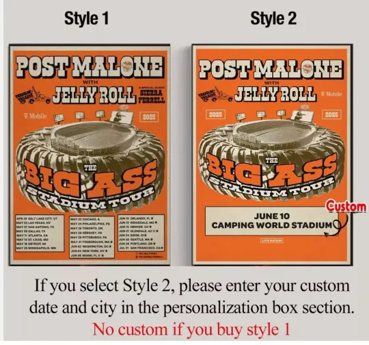 Discover Post Malone and Jelly Roll US 2025 Stadium Tour Poster Custom Date & City Poster