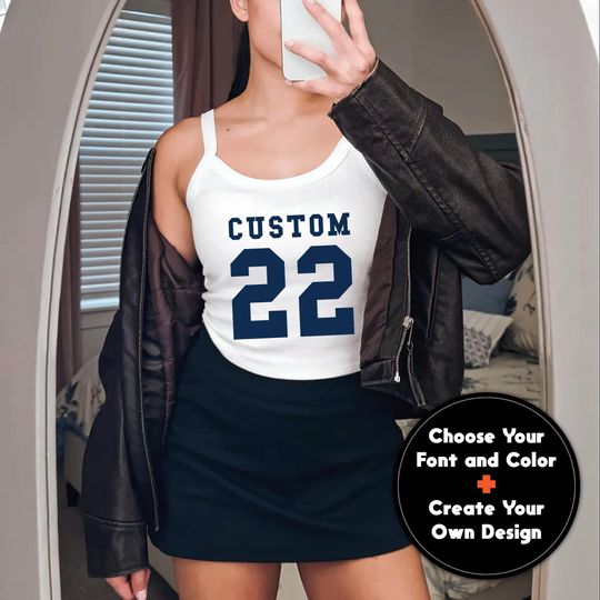 Discover Custom Number and Name Spaghetti Strap Tank Top, Custom Blokette Crop Top