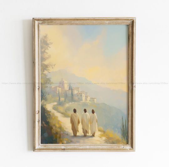 Discover Road to Emmaus Warm Tone Painting Christian Easter Scene Artwork Jesus Easter Poster