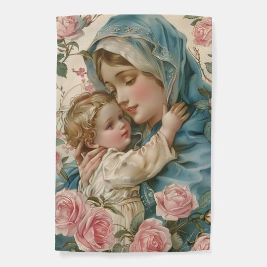 Discover Blessed Mary with Jesus Roses Religious Garden Flag
