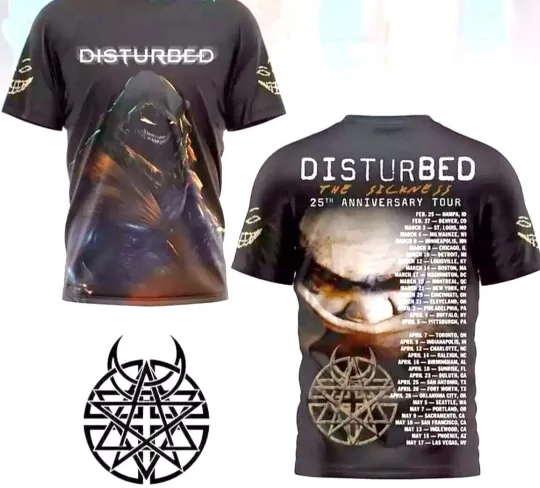 Discover Disturbed The Sickness 25th Anniversary Tour 2025 3D T-Shirt