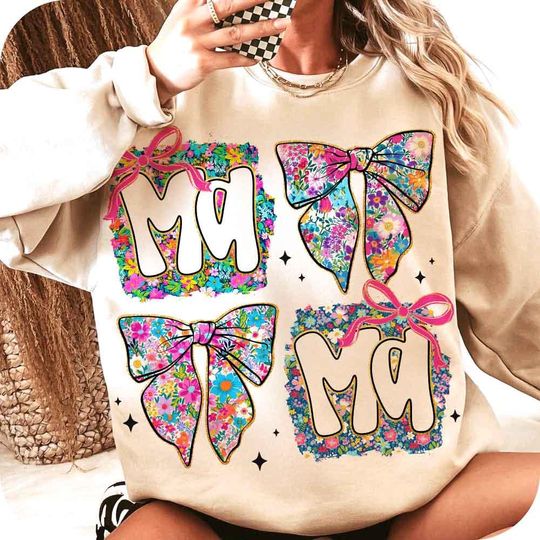 Discover Floral Glitter Mama Coquette Sweatshirt, Mama Flower Sweatshirt, Preppy Mama Sweatshirt