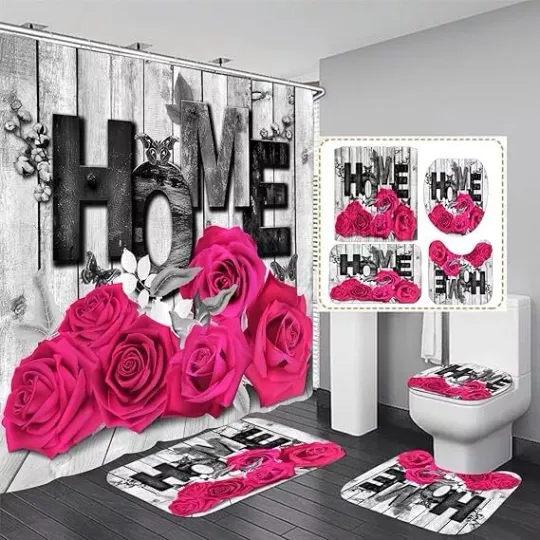 Discover Pink Rose 4 Pcs Shower Curtain Sets Non-Slip Rugs Bath Mat Toilet Cover