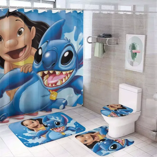 Discover Kids Bathroom Stitchh 4-Piece Set – Shower Curtain, Mats  Toilet Lid Cover Decor
