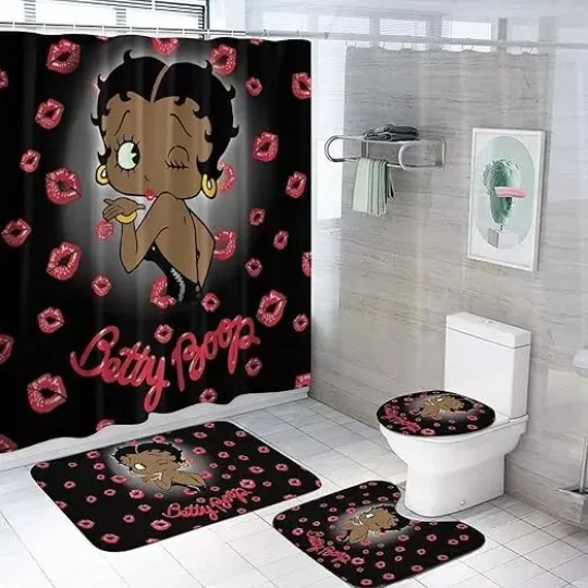 Discover The Original Betty Boop Black Skin Shower Curtain with Non-Slip Rugs,Toilet Lid