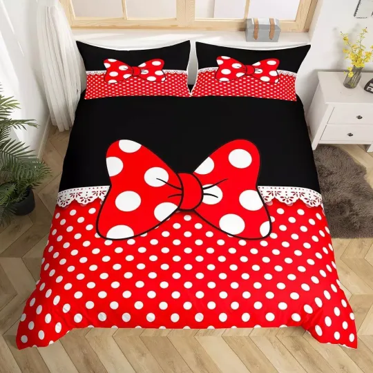 Discover Polka Dot Bow Red Minniee Kids Duvet Quilt Cover Pillowcase Queen Bedding Set