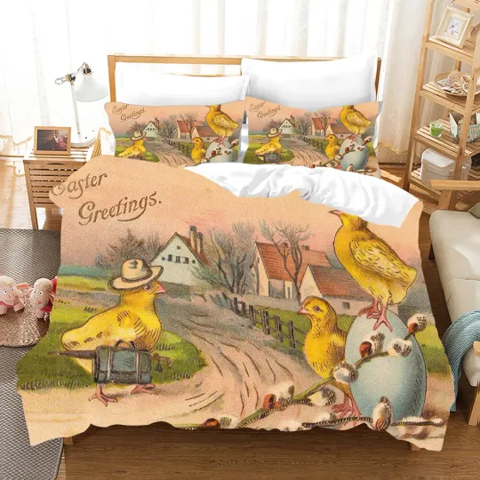 Discover Nostalgia Easter Eggs Chick Duvet Quilt Cover Bedding Set Queen Pillowcase