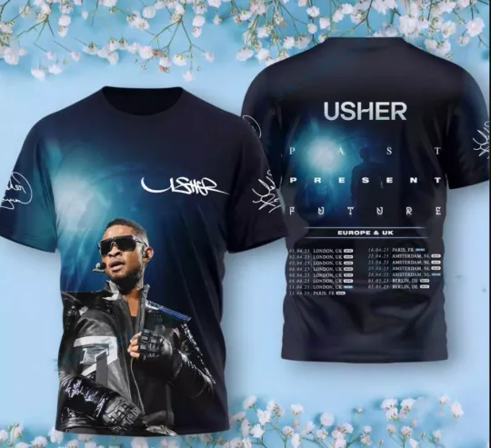 Discover Usher Past Present Future Europe And UK 2025 Tour AOP 3D T-shirt