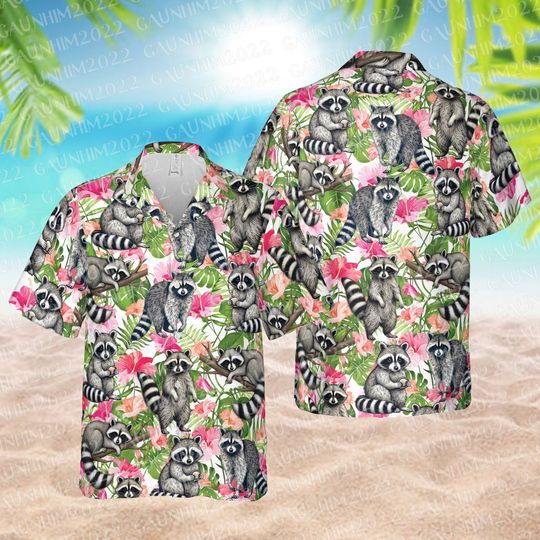 Discover Tropical Raccoon Hawaiian Shirt, Cute Raccoon Hibiscus Flowers Button Down Shirt