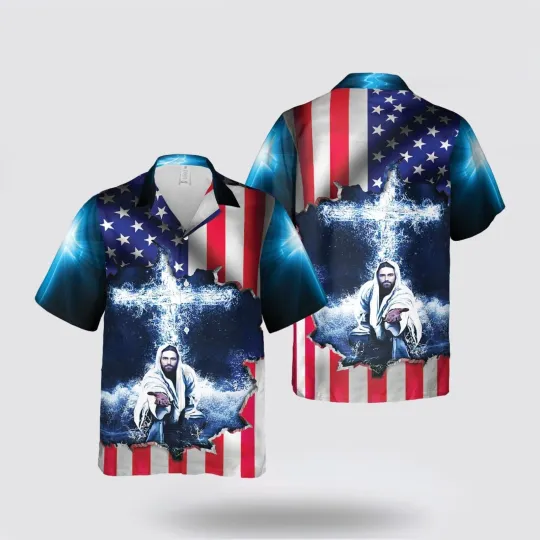 Discover Jesus Take My Hand American Flag Cross Independence Day Hawaiian Shirt