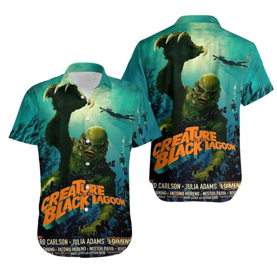 Discover Retro Horror Movie Creature the Black Lagoon Hawaiian Button Up Lapel Shirt Tops