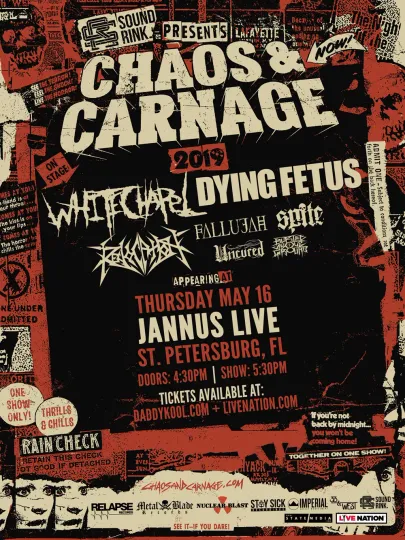Discover WHITECHAPEL / DYING FETUS "CHAOS & CARNAGE 2019" TAMPA CONCERT TOUR POSTER