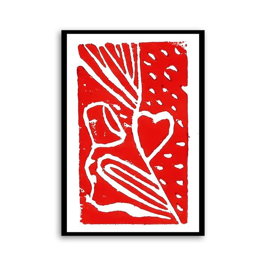 Discover Linocut LOVE FLOWER red original painting without frame 7x10cm numbered and signed Lumio art collection gift