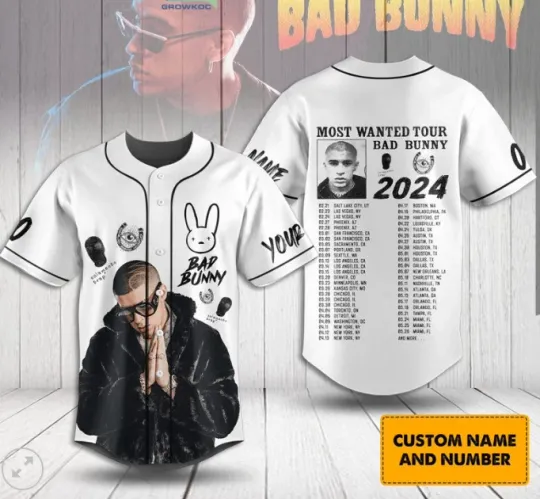 Discover Bad Bunny Most Wanted Tour 2024 Baseball Jersey, father day gift