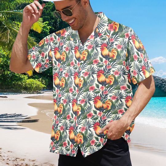 Discover Rooster Men Hawaiian shirt, Chicken Floral Flowers Beach Red Blue Vintage Aloha Hawaii