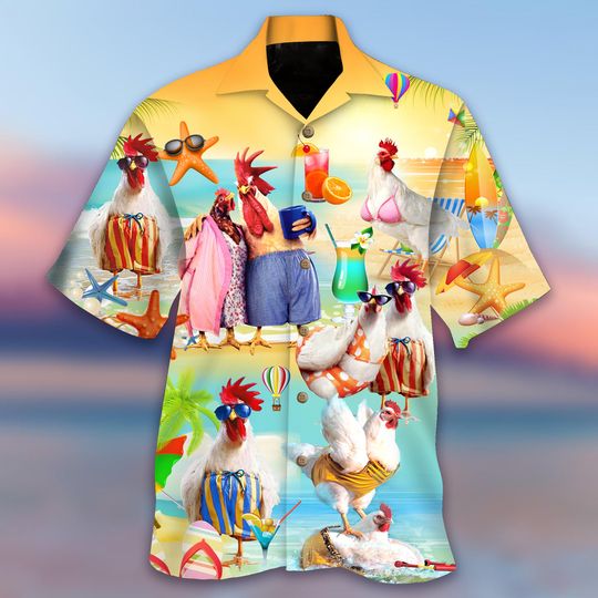 Discover Chicken On The Beach Unisex Hawaiian Shirt Cat Flower Beach Shirt Summer Shirt