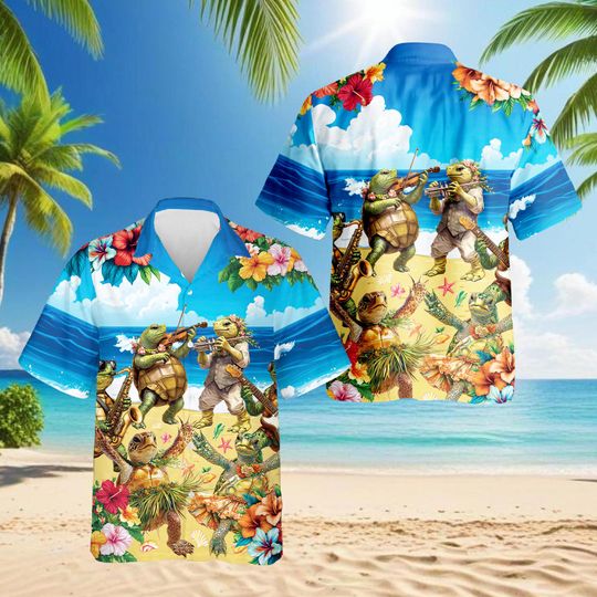 Discover Turtle Musical Instrument Hawaiian, Tropical Turtle Aloha Shirt, Funny Music Lover Shirt