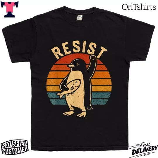 Discover Funny Penguin Resist Shirt Penguins Protest Against Tariffs Unisex T-Shirt