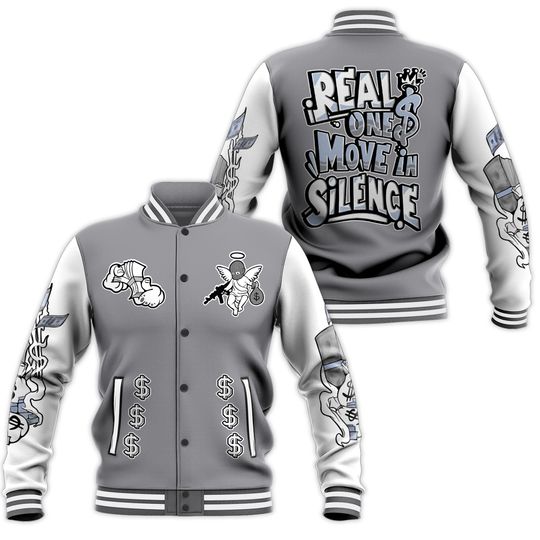 Discover Low Cement Grey 11s Varsity Jacket - Ones Move In Silence Graphic All Over Print Baseball Jackets