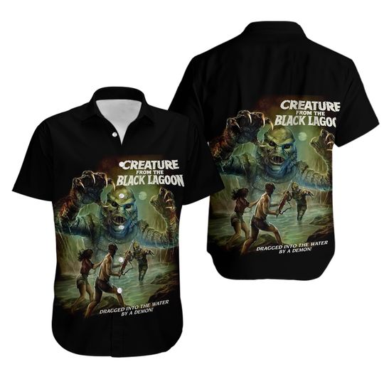 Discover Retro Horror Movie Creature The Black Lagoon Hawaiian Button Up Lapel Shirt Tops