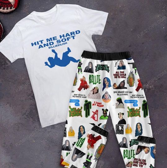 Discover Billie Eilish Holiday Pajamas Set, Hit Me Hard and Soft Pajamas Set