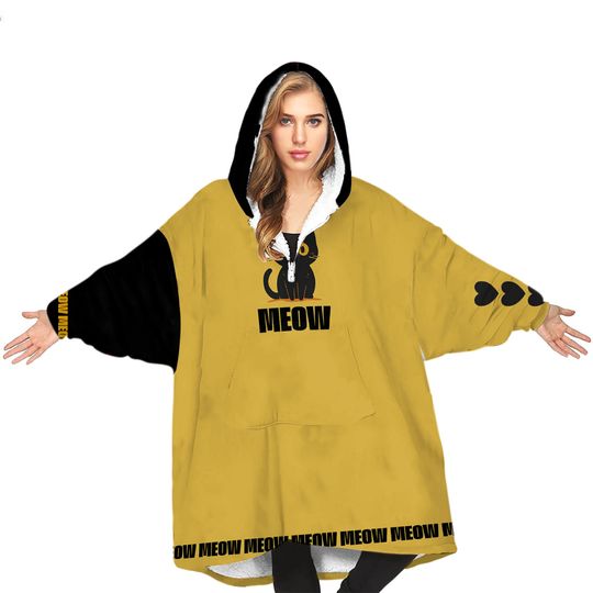 Discover Tokyo Cat Hoodie Blanket | Wearable Blanket | Black Cat Pajama Gift |