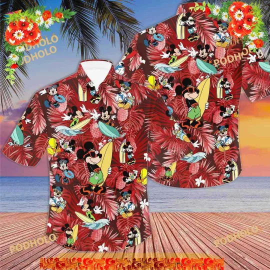 Discover Mickeyy mouse Surfing Red Patterns Summer Tropical Disneyyy Hawaiian Shirt