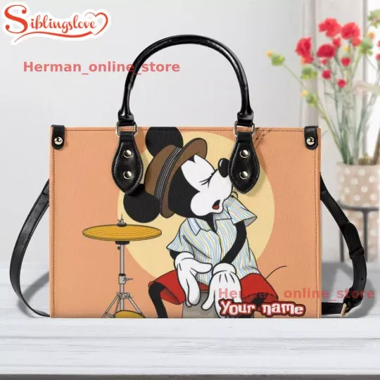 Discover Custom Name Mickeyy Mouse Playing Musical Instrument Leather Handbag