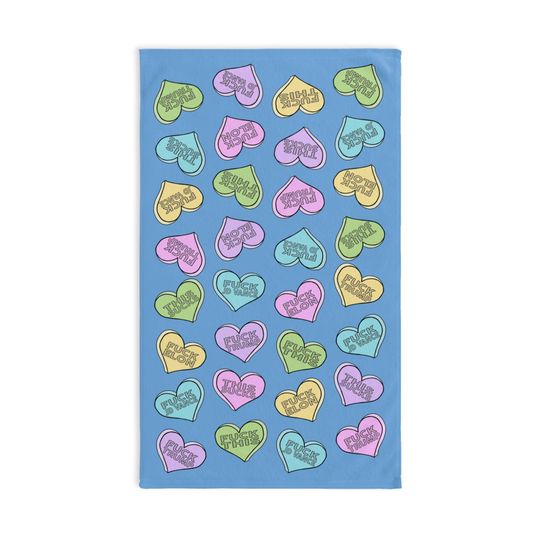 Discover Subtle Conversation Hearts on Blue Hand Towel