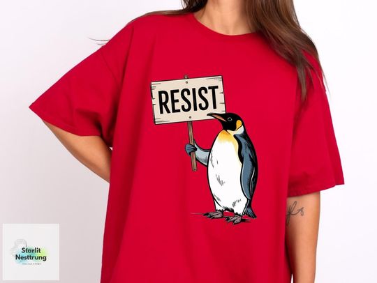 Discover Rebel Gentoo Penguins Resist Shirt, Anti-Tariff Protest Tee, Funny Political Penguin Unisex T-Shirt
