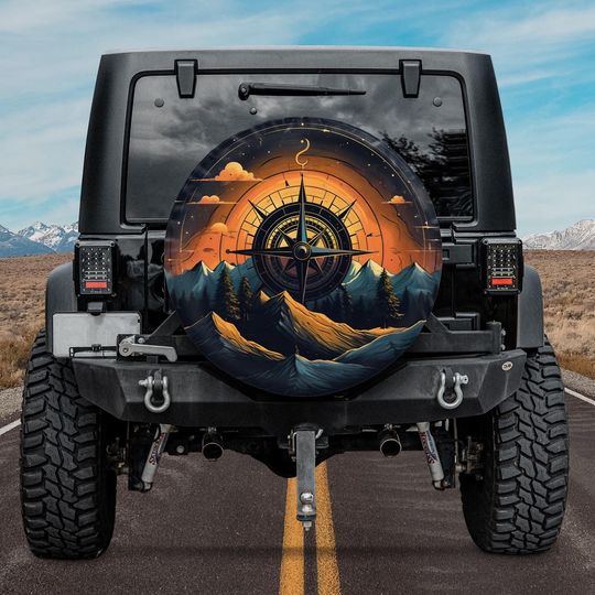 Discover The Compass Of Adventure Spare Tire Cover, Compass With Mountain Scene Spare Tire Cover