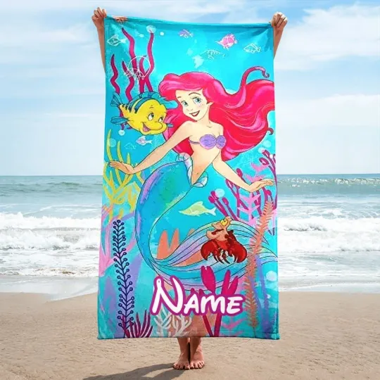 Discover Custom Little Mermaid Beach Towels, Cartoon Family Summer Trip Gift