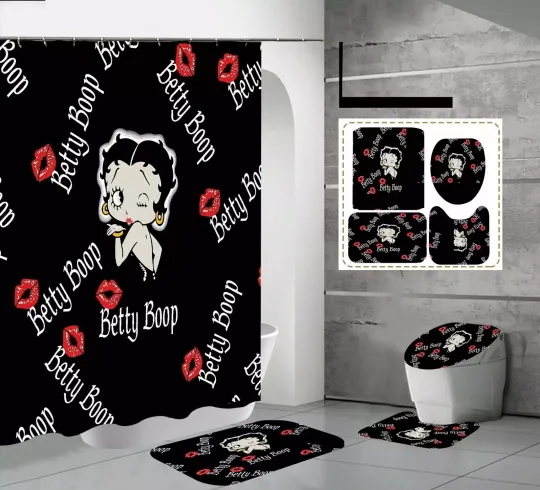Discover Betty Boop Shower Curtain Set, Blowing Kiss Design, Black Background Bathroom