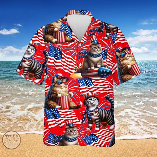 Discover Cat US Flag Hawaiian Shirt, Cat 4th of July Summer Aloha Hawaiian Shirt