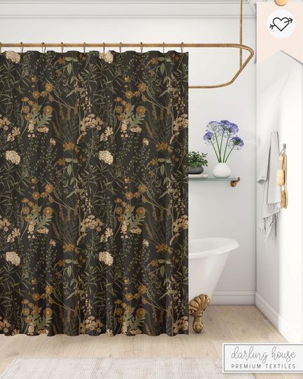 Discover Moody Dark Floral Shower Curtain, Apothecary Wildflower Botanical Decor