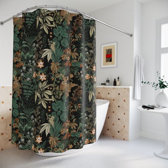 Discover Botanical Shower Curtain, black Cottagecore Floral Shower Curtain, Bathroom Decor