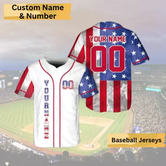 Discover American Flag Baseball Jersey Custom Name & Team Personalized USA Gift