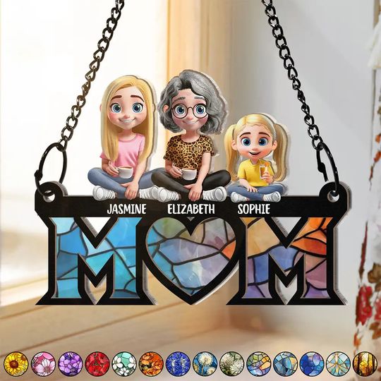 Discover Mom Nana Sitting With Children - Personalized Window Hanging Suncatcher Ornament