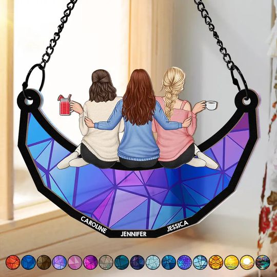 Discover Besties Friends Sitting On The Moon - Personalized Window Hanging Suncatcher Ornament