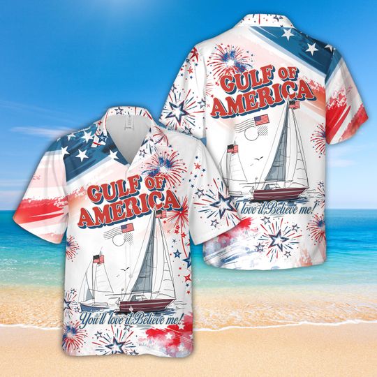 Discover Gulf Of America Hawaiian Shirt For Men Women, American Flag Sailboat & Fireworks Button Up Shirt