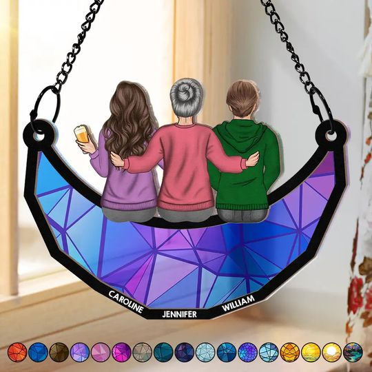 Discover Mom & Children Sitting On The Moon - Personalized Window Hanging Suncatcher Ornament