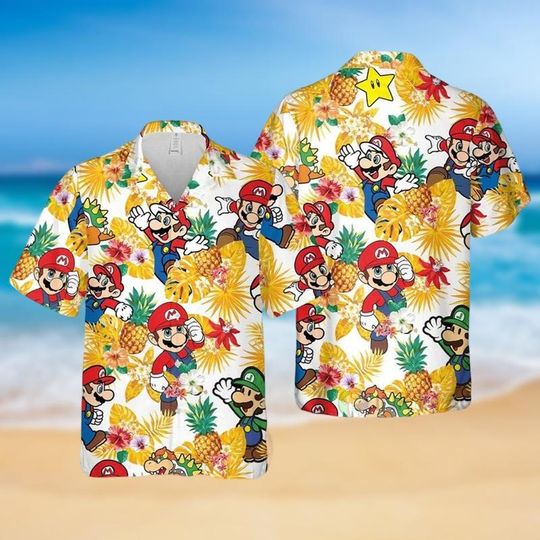 Discover Super Mario Hawaiian Shirt, Funny Summer Beach Shirt for Men, Cartoon Pineapple Aloha Top, Gamer Vacation Shirt Gift