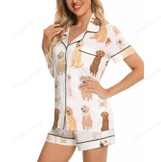 Discover Golden Retriever Pajama Set  Silky Soft, Short Sleeve, Adorable Print