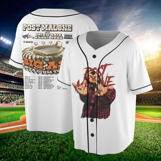 Discover Post Malone And Jelly Roll Big Ass Stadium Tour 2025 Baseball Jersey
