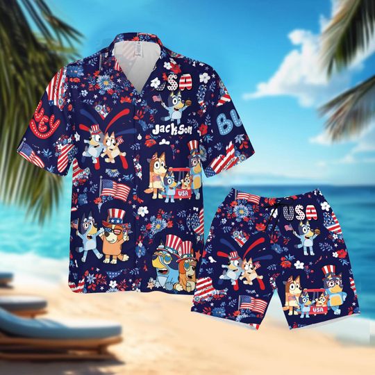 Discover Custom BlueyDad 4th Of July Hawaiian Shirt and Shorts, Red White BlueyDad 4th of July Gift