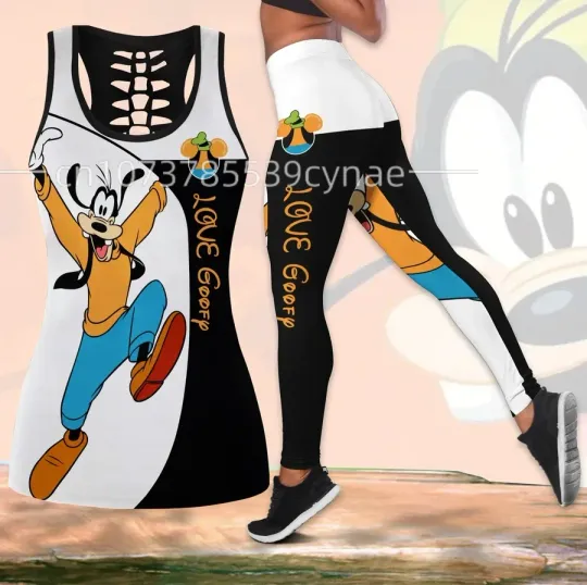 Discover New Disneyyy goofyy Women  Hollow Vest + Women Leggings Yoga Suit