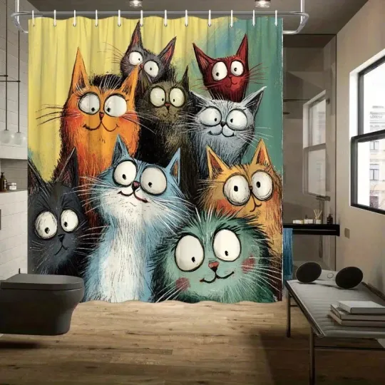 Discover Cats Shower Curtain - Playful & Humorous Design, Colorful Cats