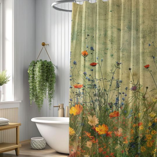 Discover Poppy Cottagecore Shower Curtain, Botanical Shower Curtain, Floral Shower Curtain