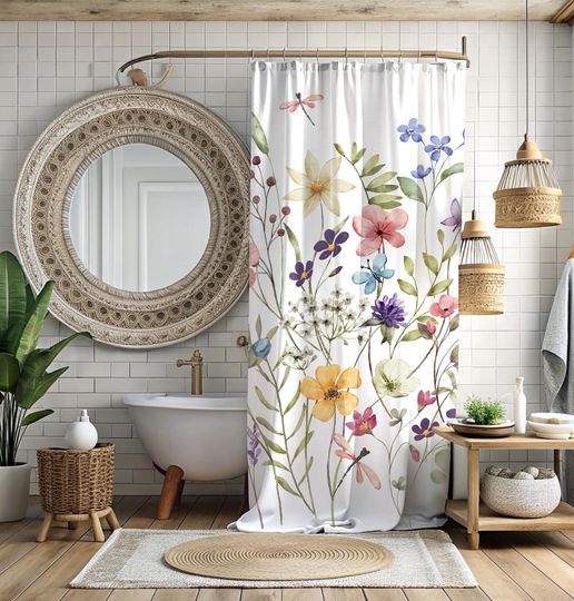 Discover Floral Wildflower Shower Curtain, Boho Wildflower Bath Curtain