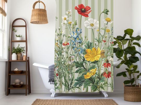 Discover Wildflowers Botanical Shower Curtain, Boho Farmhouse Floral Curtain